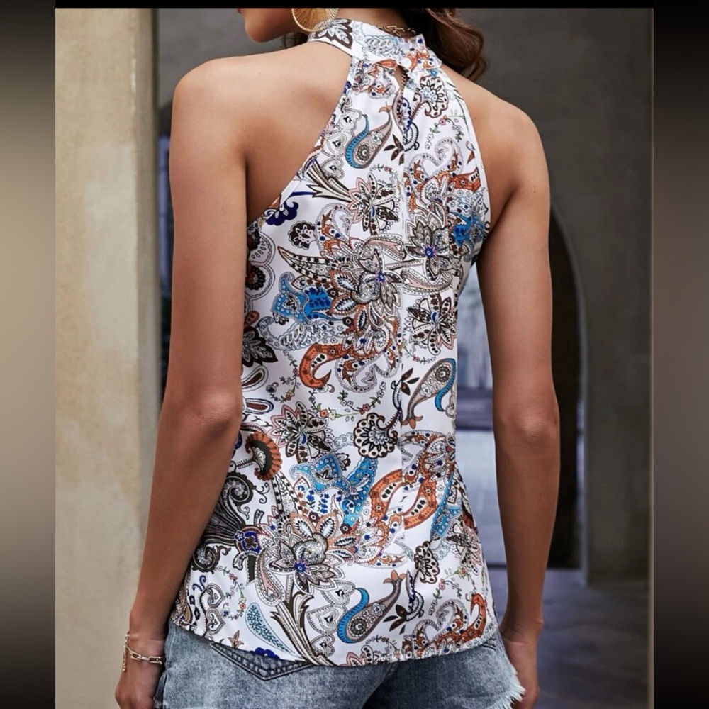 Boho Floral Paisley Print Halter Top Blouse Shirt - Picture 2 of 6